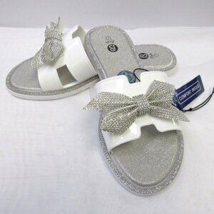Silver & WhiteEmbellished Bow Design Dressy Summer Sandals Slides